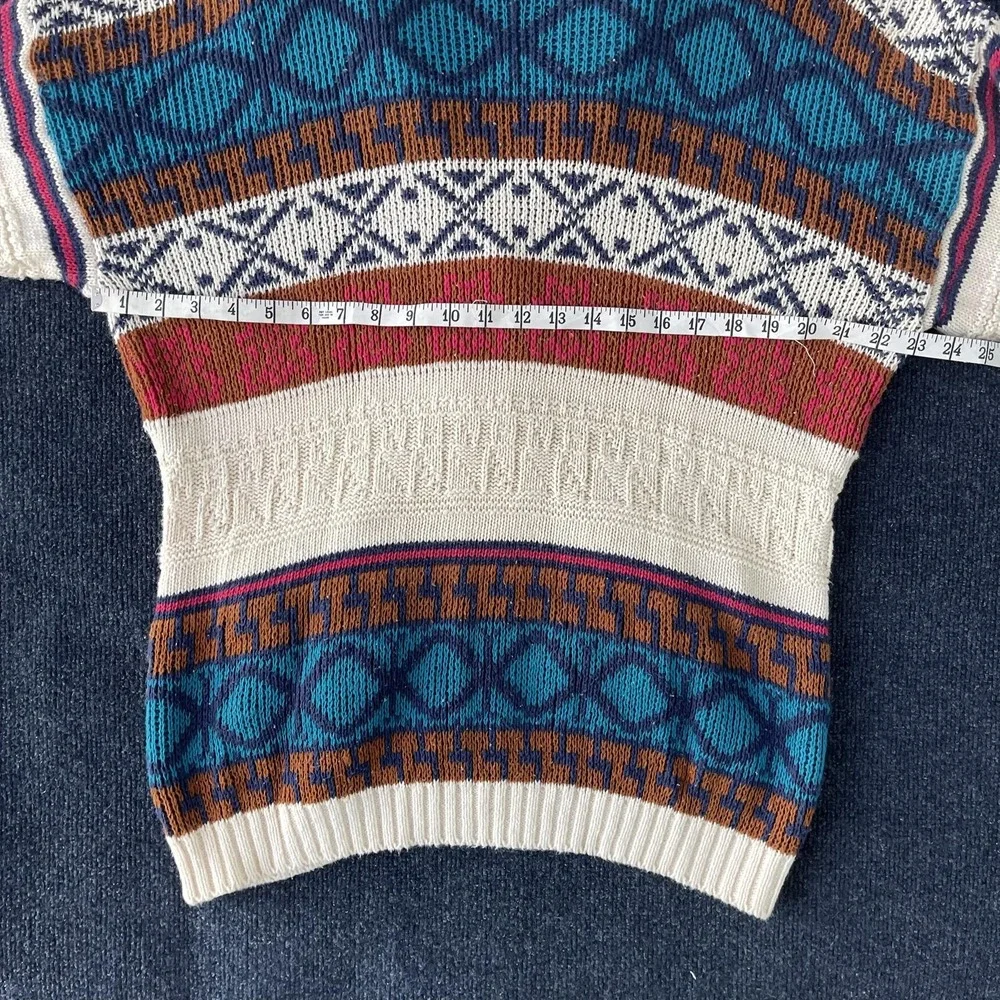 Vintage French Navy Sweater Mens Medium Cream Blue Geometric Shawl‎ Cardigan 90s